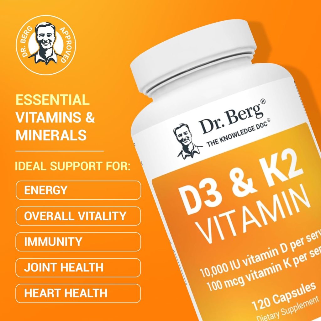Dr. Berg Vitamin D3 K2 w/MCT Powder - Includes 10,000 IU of Vitamin D3, 100 mcg MK7 Vitamin K2, Purified Bile Salts, Zinc  Magnesium for Ultimate Absorption - K2 D3 Vitamin Supplement - 120 Capsule