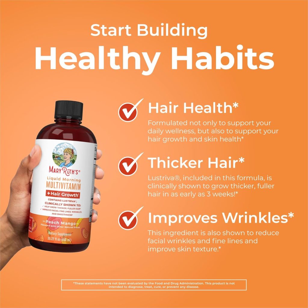 MaryRuths Liquid Multivitamin + Lustriva® Hair Growth | Biotin 10000mcg | Vitamin D | B Vitamins | Clinically Tested for Thicker Hair, Wrinkles, Fine Lines, Skin Care | Ages 18+ | 30 Fl Oz