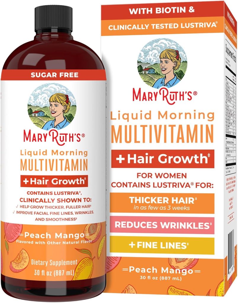 MaryRuths Liquid Multivitamin + Lustriva® Hair Growth | Biotin 10000mcg | Vitamin D | B Vitamins | Clinically Tested for Thicker Hair, Wrinkles, Fine Lines, Skin Care | Ages 18+ | 30 Fl Oz
