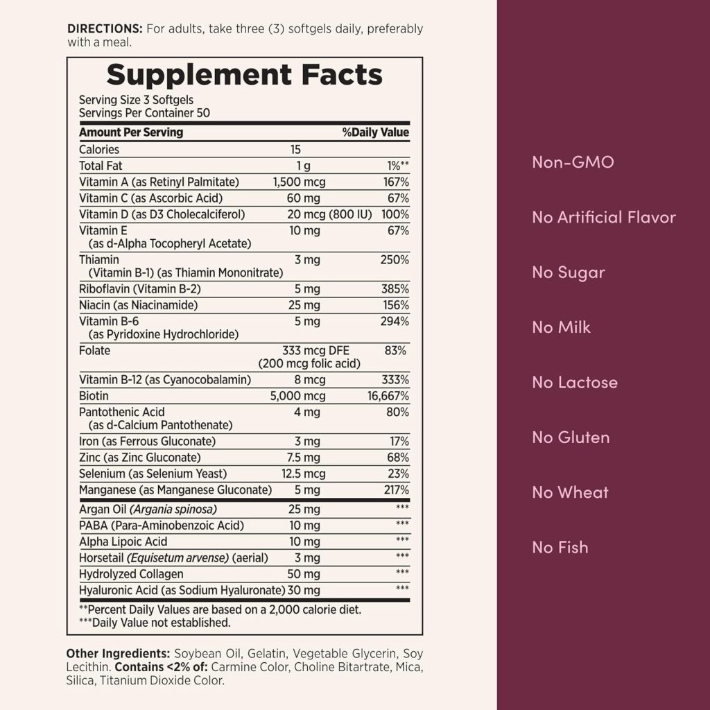 Natures Bounty Advanced Hair, Skin  Nails, Argan-Infused Vitamin Supplement with Biotin and Hyaluronic Acid, 150 Rapid Release Softgels