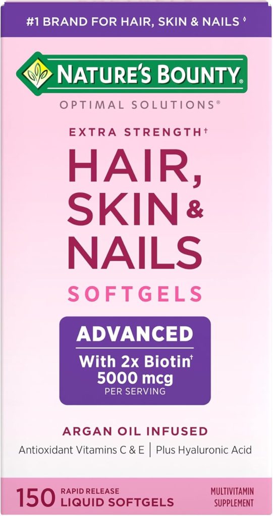 Natures Bounty Advanced Hair, Skin  Nails, Argan-Infused Vitamin Supplement with Biotin and Hyaluronic Acid, 150 Rapid Release Softgels