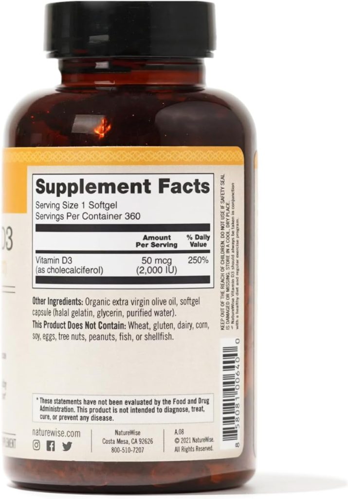 NatureWise Vitamin D3 5000iu (125 mcg) 1 Year Supply for Healthy Muscle Function, and Immune Support, Non-GMO, Gluten Free in Cold-Pressed Olive Oil, Packaging Vary ( Mini Softgel), 360 Count