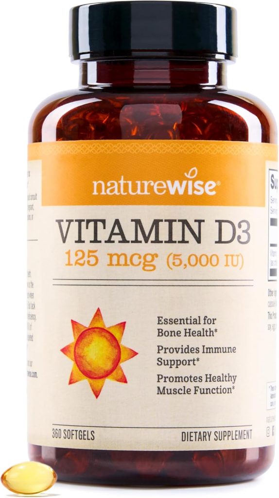 NatureWise Vitamin D3 5000iu (125 mcg) 1 Year Supply for Healthy Muscle Function, and Immune Support, Non-GMO, Gluten Free in Cold-Pressed Olive Oil, Packaging Vary ( Mini Softgel), 360 Count