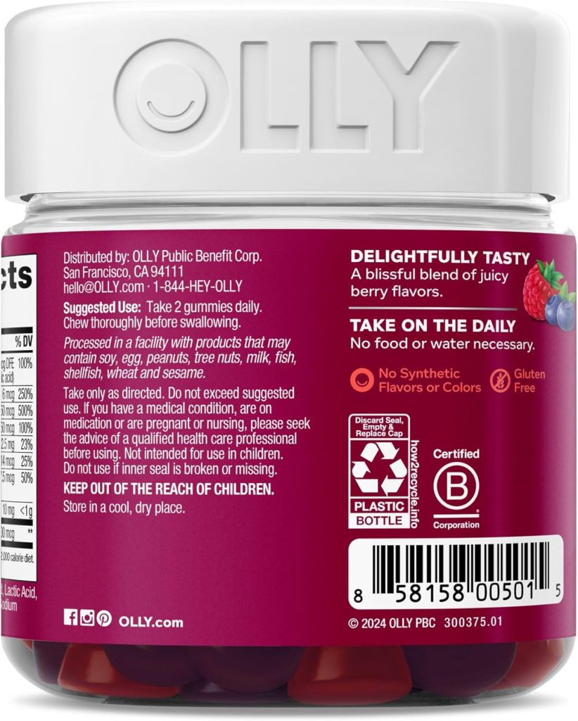OLLY Womens Multivitamin Gummy, Vitamins A, D, C, E, Biotin, Folic Acid, Adult Chewable Vitamin, Berry Flavor, 45 Day Supply - 90 Count (Packaging May Vary)