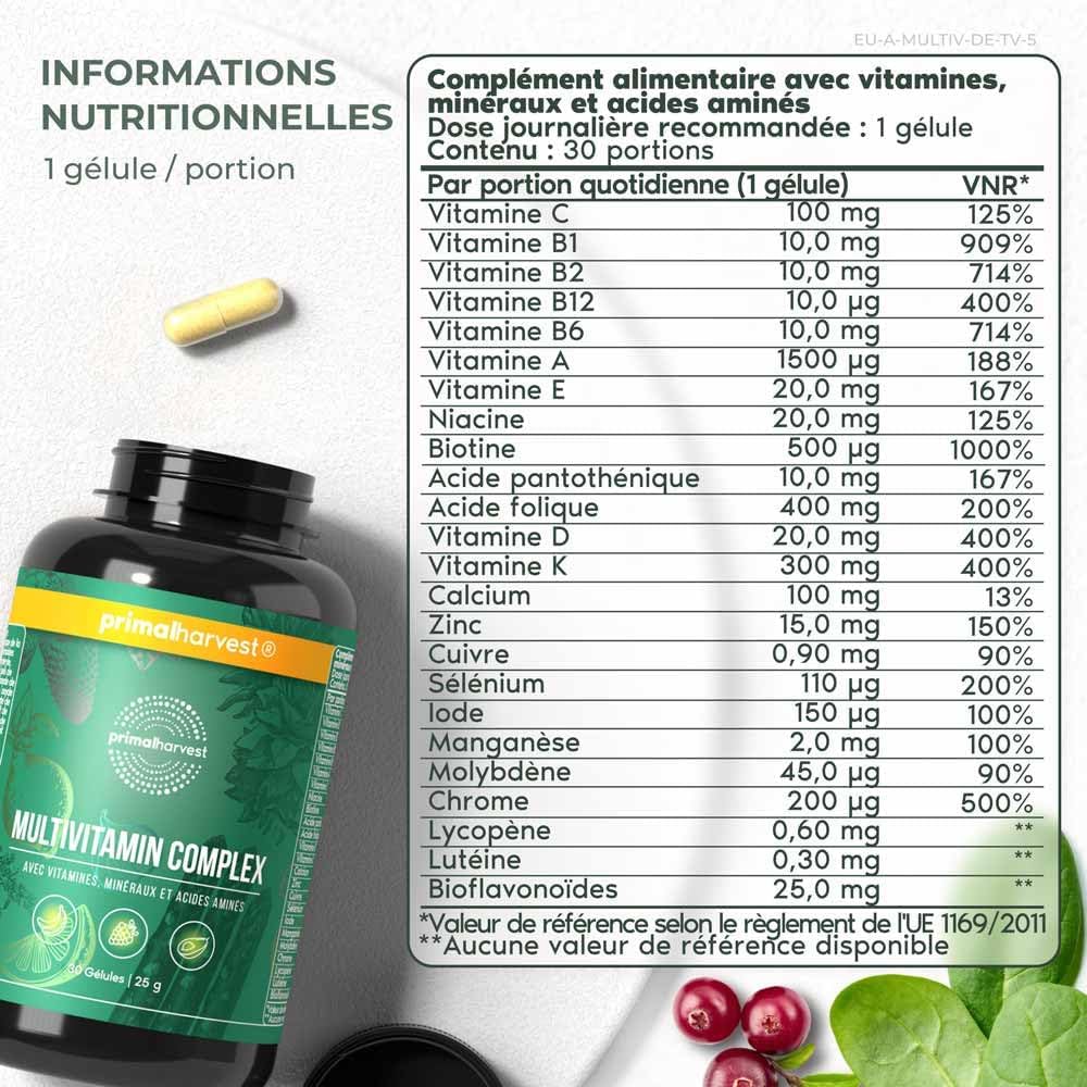 Primal Harvest Multivitamin for Women and Men Vitamin A, Vitamin C, Vitamin D and E, Vitamin B12, B6, Biotin, Zinc Supplements, 30 Capsules