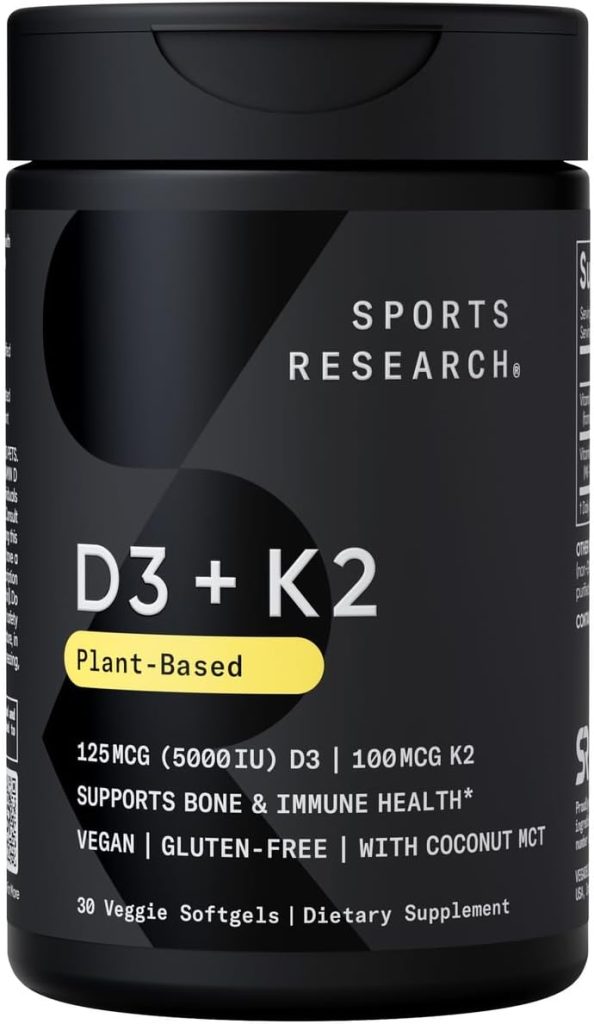 Sports Research Vitamin D3 K2 with Coconut Oil | Plant Based Vitamin K2 MK7 + Vegan D3 5000iu | Vegan Certified, Soy  Gluten Free - 60 Count Softgels