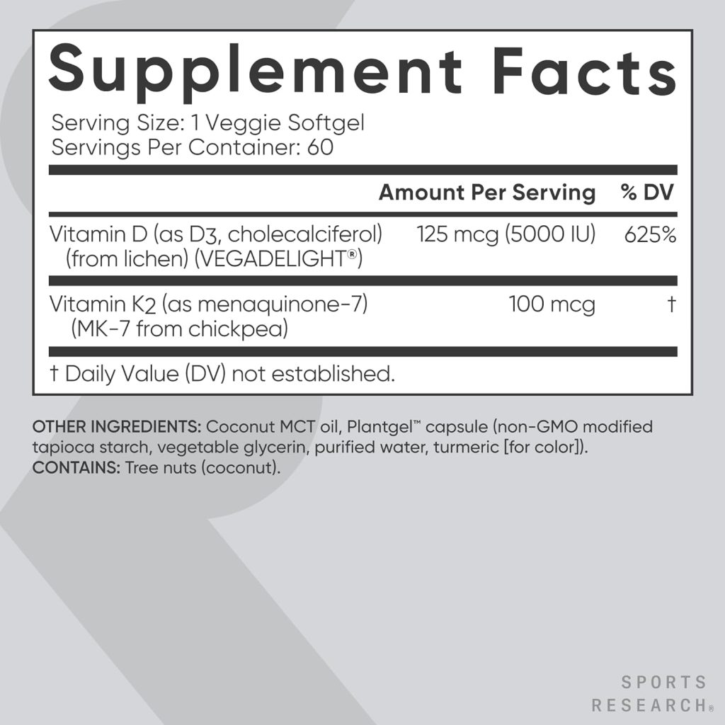 Sports Research Vitamin D3 K2 with Coconut Oil | Plant Based Vitamin K2 MK7 + Vegan D3 5000iu | Vegan Certified, Soy  Gluten Free - 60 Count Softgels