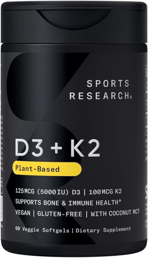 Sports Research Vitamin D3 K2 with Coconut Oil | Plant Based Vitamin K2 MK7 + Vegan D3 5000iu | Vegan Certified, Soy  Gluten Free - 60 Count Softgels